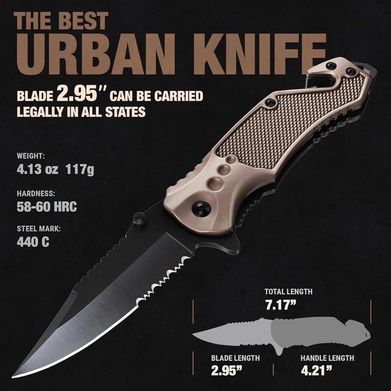 GOOD WORKER Legal Pocket Knife with 2.95” Serrated Blade, Glass Breaker, Seat Belt Cutter - EDC Sharp Folding Knives with Portable Clip - Small Tool for Tactical Camping Survival Hiking - Gifts for Men, Women - Image 3